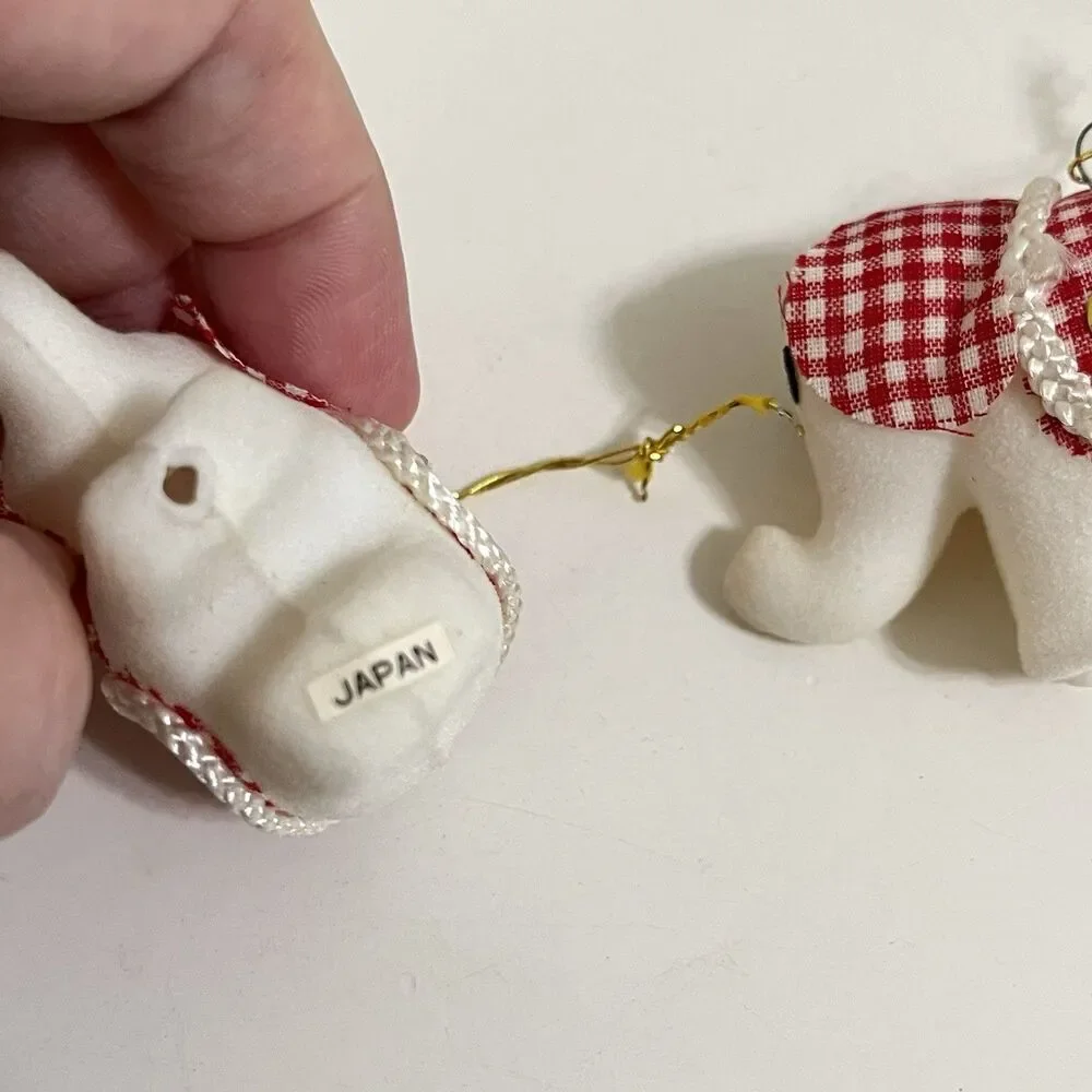 Vintage White Flocked Christmas Ornamants Japan Red Gingham Bear Mouse Elephant